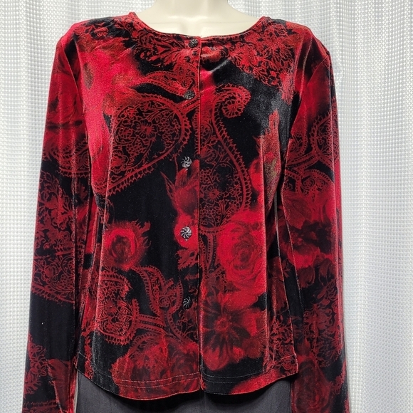 VTG EN FOCUS Studio Black Velvet and Rose Print Button Down Sweater (MP) - Picture 5 of 11
